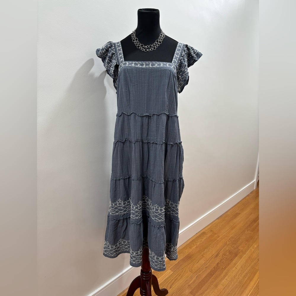 456. Knox Rose Sleeveless Tiered Maxi Dress in Slate Blue with Embroidered Trim